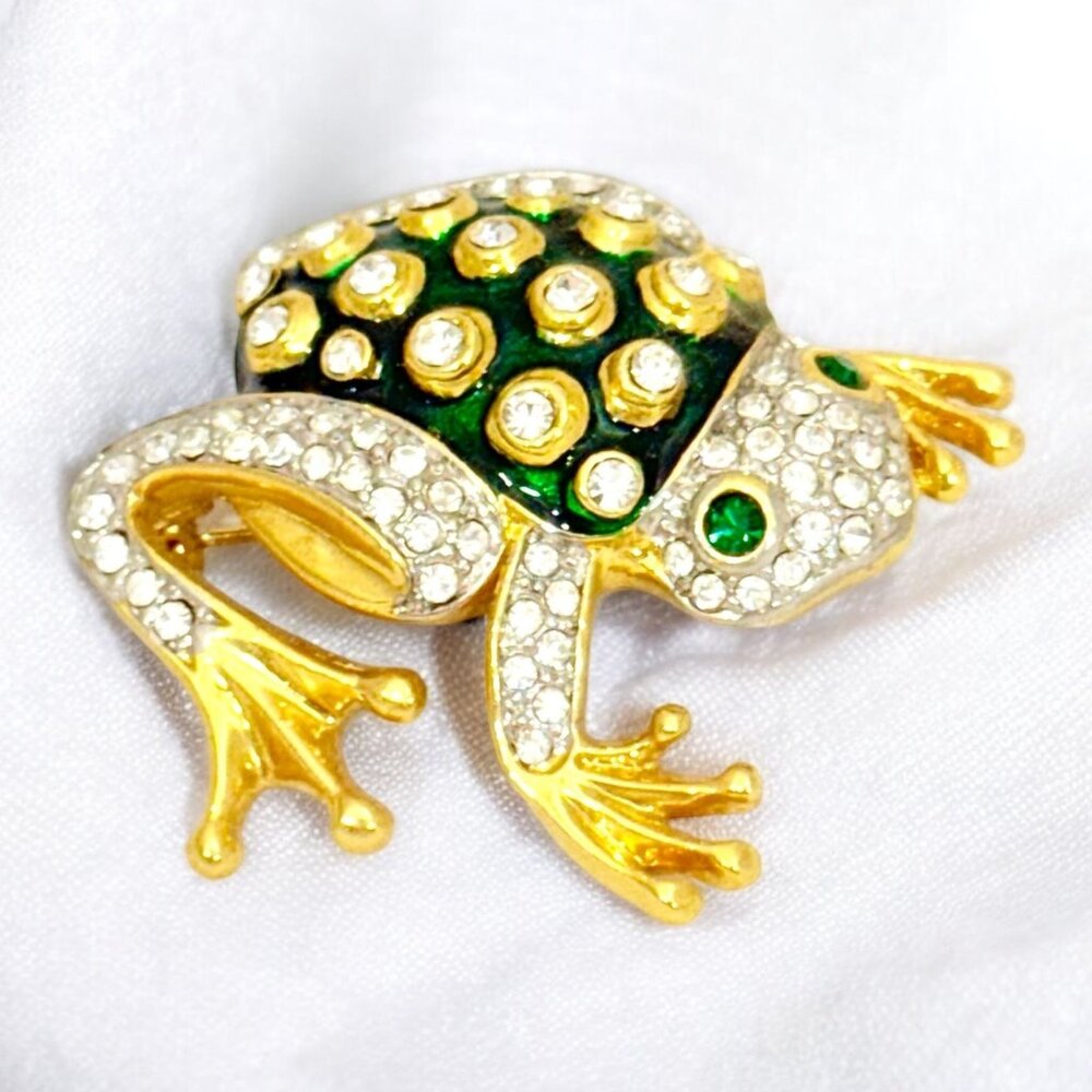 Vintage 1980s Frog Brooch Enamel and Crystals
